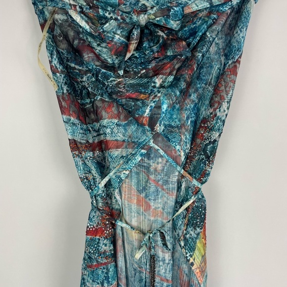 S-12 Multicolored Sheer Strapless Flowy Tie Front Bejeweled Swim Cover Up Dress - Picture 2 of 7